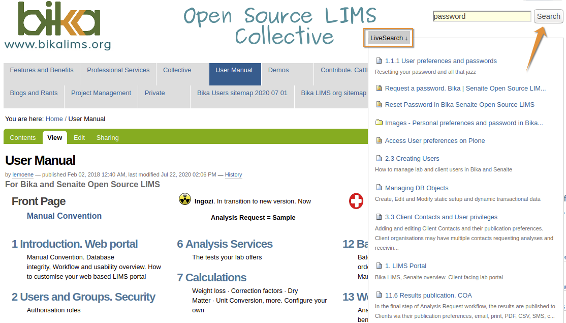 Bika Open Source LIMS Live Search pop-up page