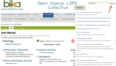 Bika Open Source LIMS Live Search pop-up page