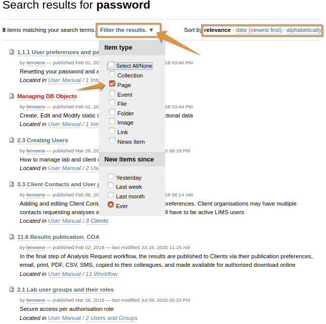 Search Results page with additional options in Bika Open Source LIMS
