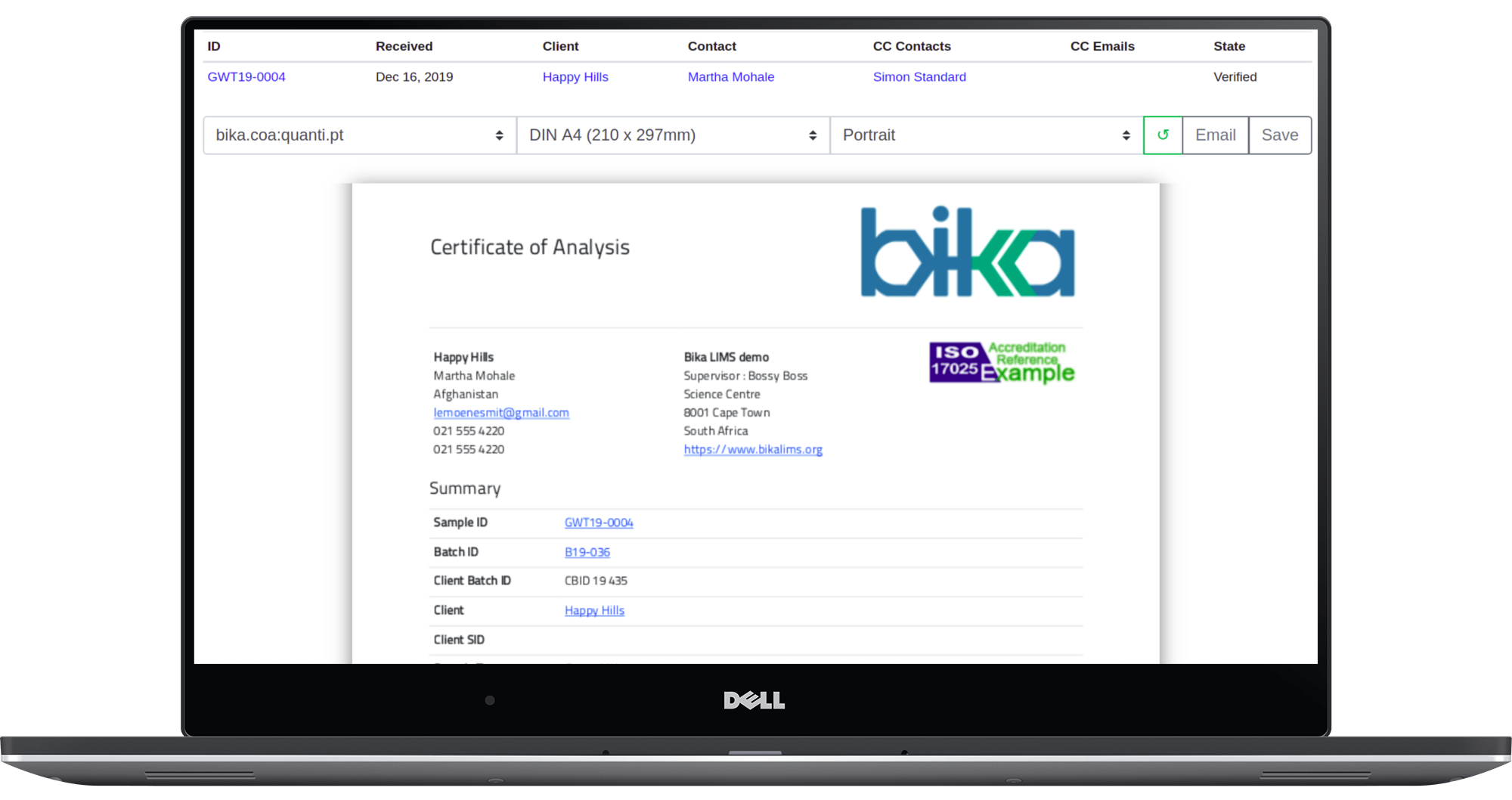 Bika Open Source LIMS Screenshot COA