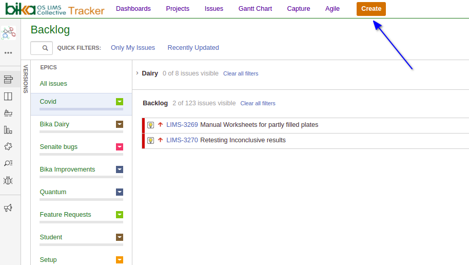 Create new issue in the Bika Open Source LIMS tracker