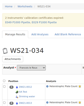 Bika LIMS Warning - Instruments calibration certificates expired