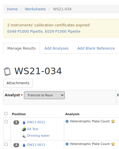 Bika LIMS Warning - Instruments calibration certificates expired