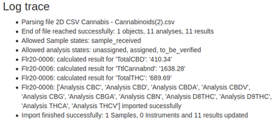 Log trace. Successful Instrument Results import