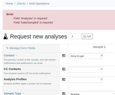 Sample registration error message in Bika Open Source LIMS