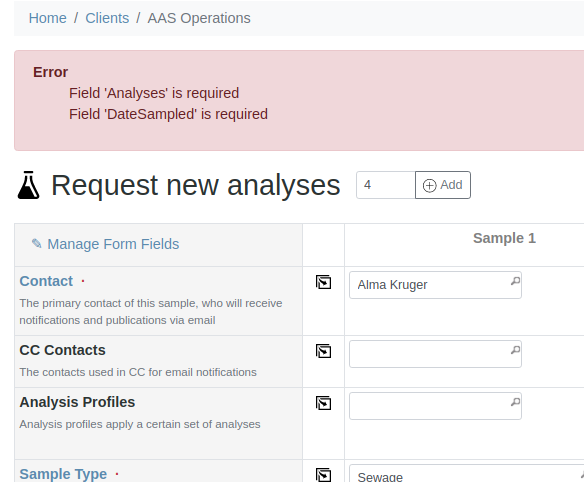 Sample registration error message in Bika Open Source LIMS