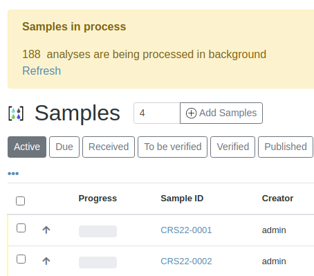 Background processing message in Bika Open Source LIMS