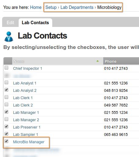 Lab Department Contacts in Bika Senaite