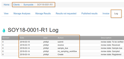 Analysis Request log tab in Bika Senaite Analysis Request log tab in Bika Senaite