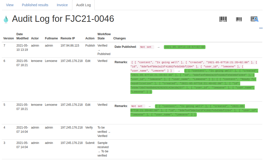 Analysis Request log tab in Bika Senaite