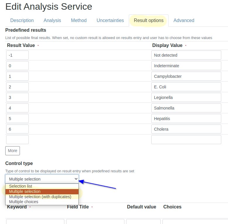 Setting up multiple results options in Bika Open Source LIMS