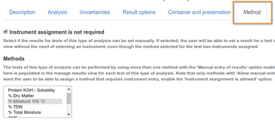 Manual analytical method selection in Bika Open Source LIMS