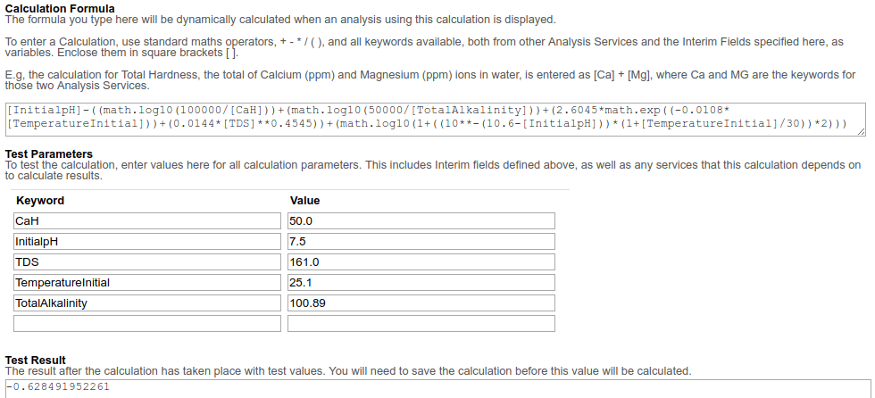 Formula and Calculation test for Langelier Index as represented in Bika Senaite