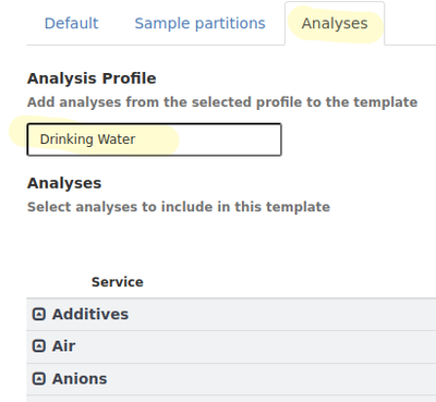 Use Analysis Profiles to populate sample registration templates in Bika Open Source LIMS