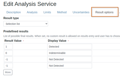 Bika Senaite Analysis Service with Results Options