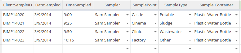 Samples in the Bika Open Source LIMS Bulk Sample Import spreadsheet