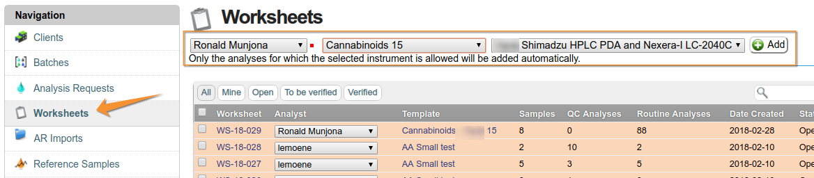 Create Worksheet from Template for Instrument. Bika Senaite