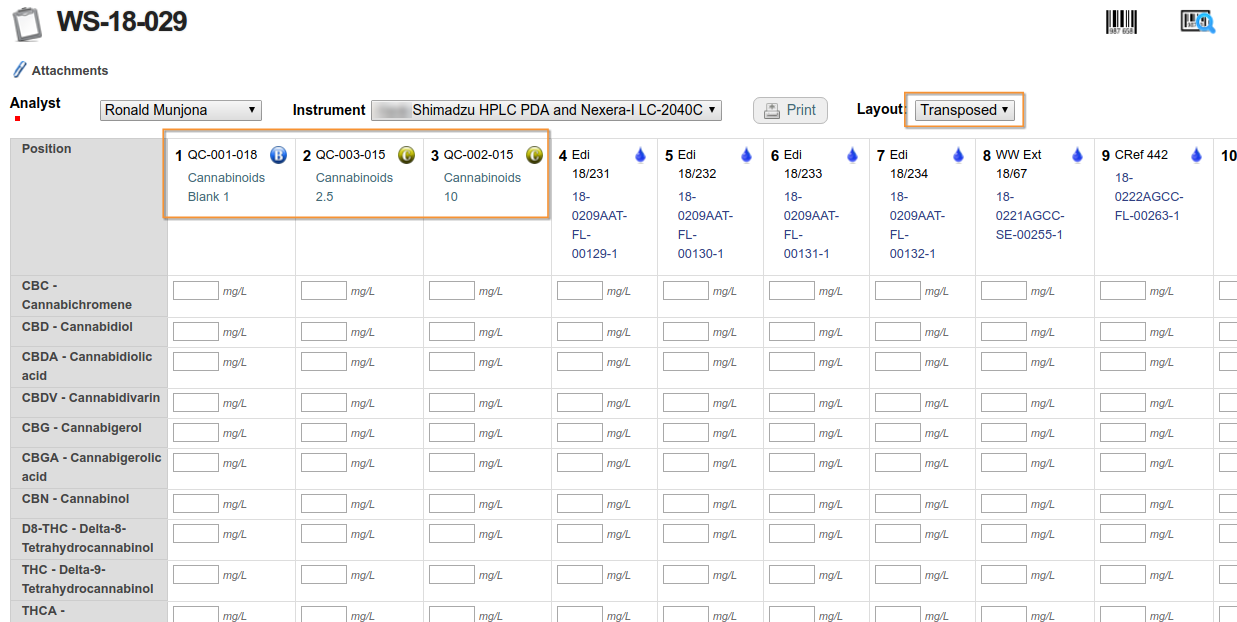 Transposed Worksheet view. Bika Senaite