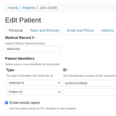  Patient Personal page 1 in Bika Open Source LIMS