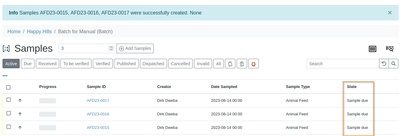 Samples successfully created in Bika Open Source LIMS