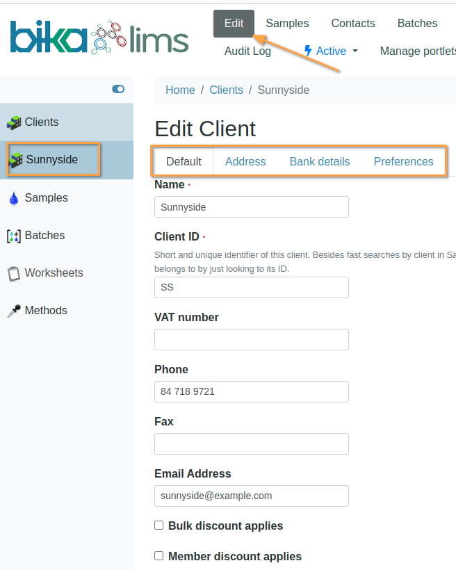 Client Details in Bika Senaite Open Source LIMS