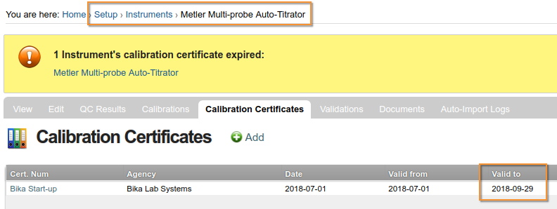 Warning: Instrument Calibration Certificate expired