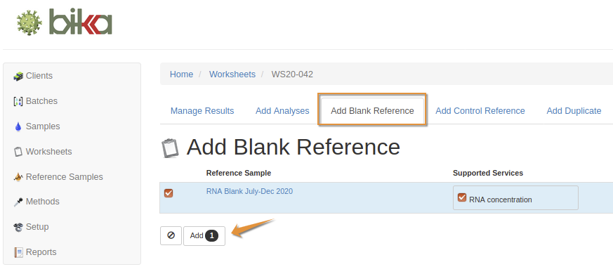 Add Blank reference sample to worksheet in Bika Open Source LIMS