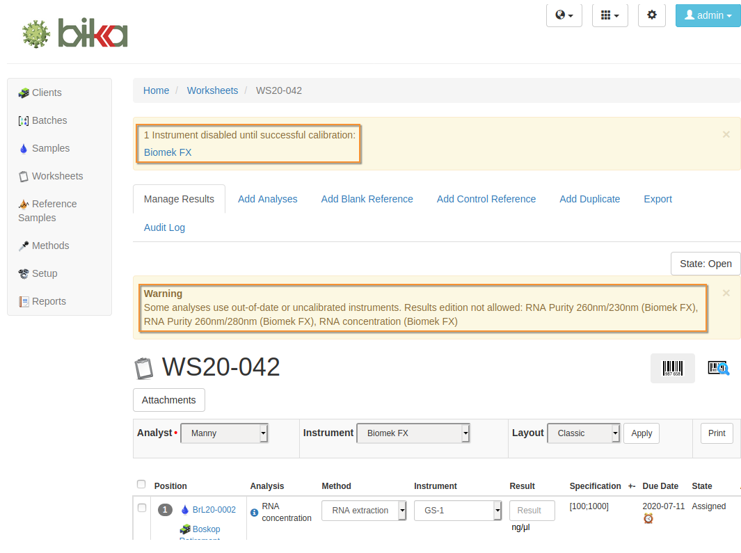 Invalid Instrument warning in Bika Open Source LIMS