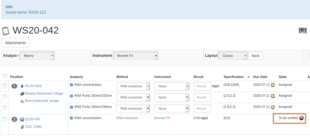 QC result submitted and ready for verification in Bika Open Source LIMS