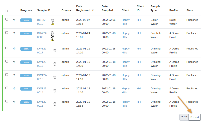 Export Sample list as CSV in Bika Open Source LIMS