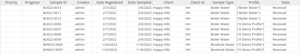 Exported Sample list CSV in Bika Open Source LIMS