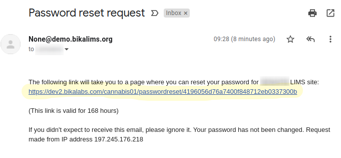 Password reset email in Bika Open Source LIMS