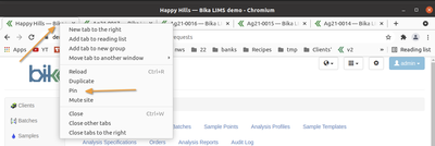 Pin a browser tab in Bika Open Source LIMS