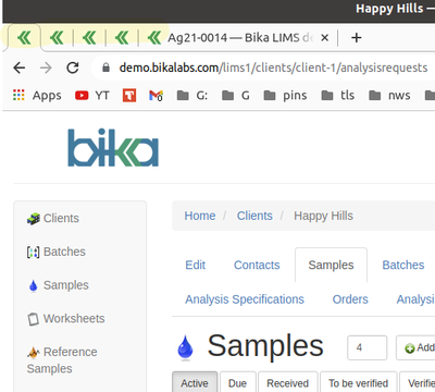 Pinned browser tabs in Bika Open Source LIMS
