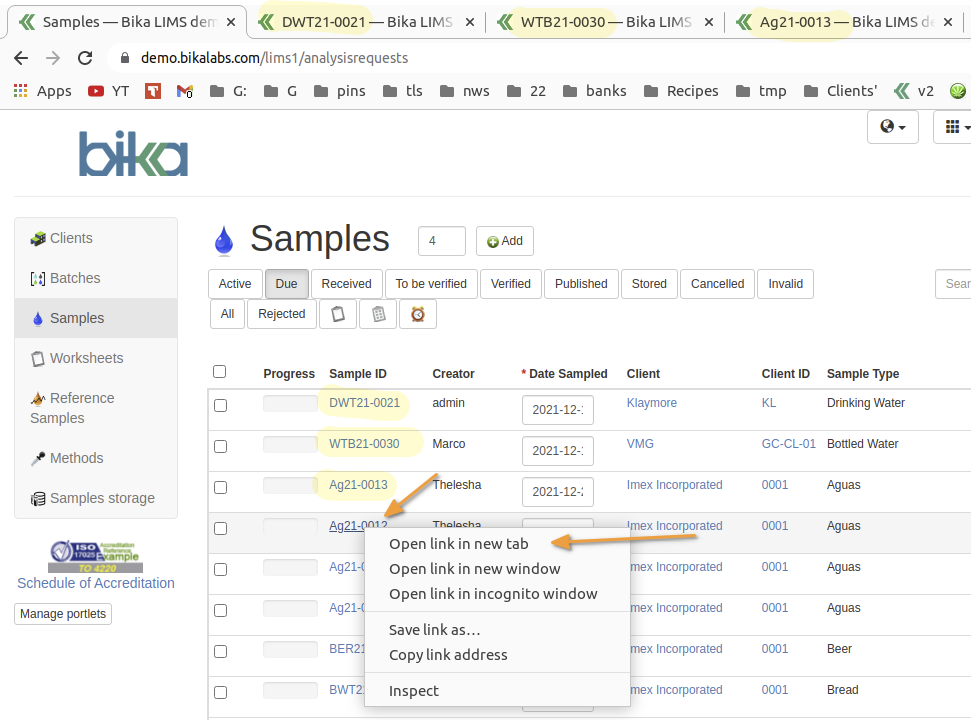 Tabbed browsing in web based Opne Source LIMS Bika