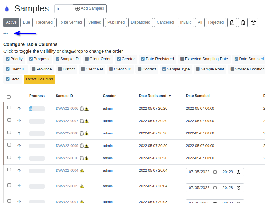 Select table Display columns in Bika Open Source LIMS