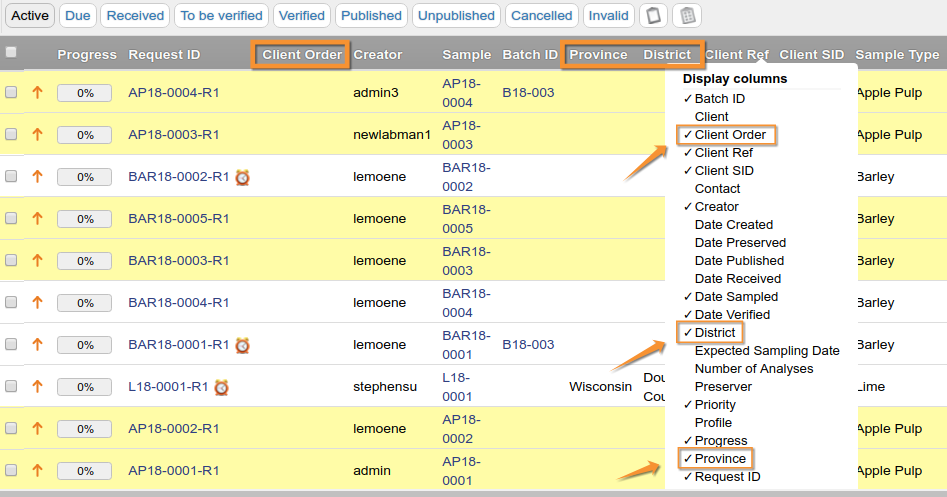 Bika Senaite  Open Source LIMS Table column select 