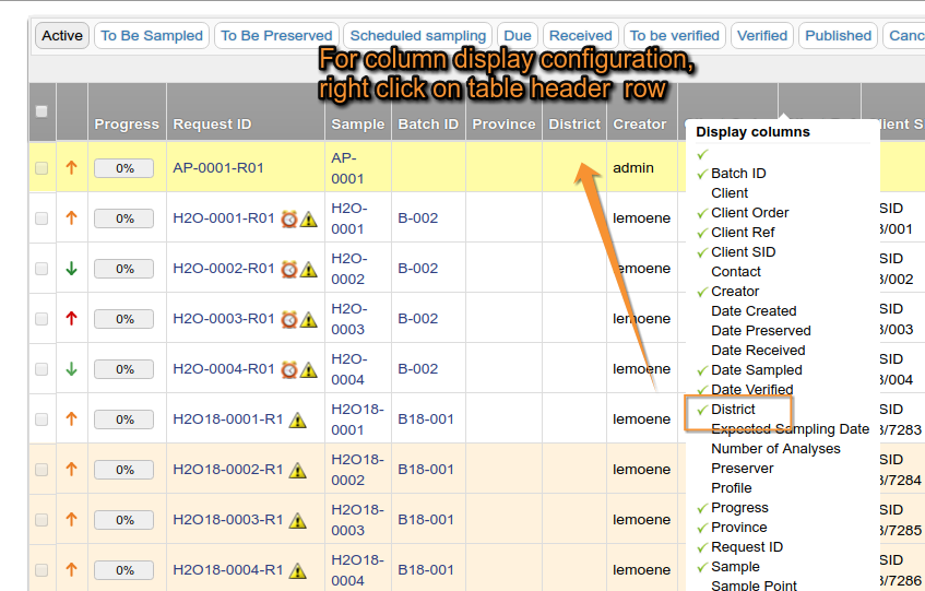 Display Column Selection in Bika Senaite Open Source LIMS