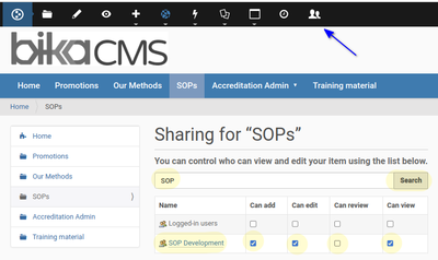 Folder sharing settings in Bika Open Source LIMS CMS