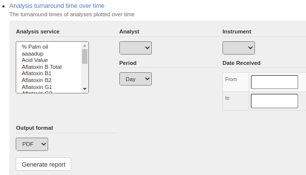 Analysis Turnaround Report parameters in Bika Open Source LIMS