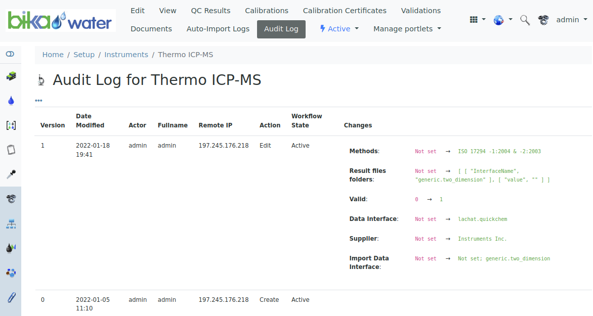 Bika Open Source LIMS Instrument audit trail