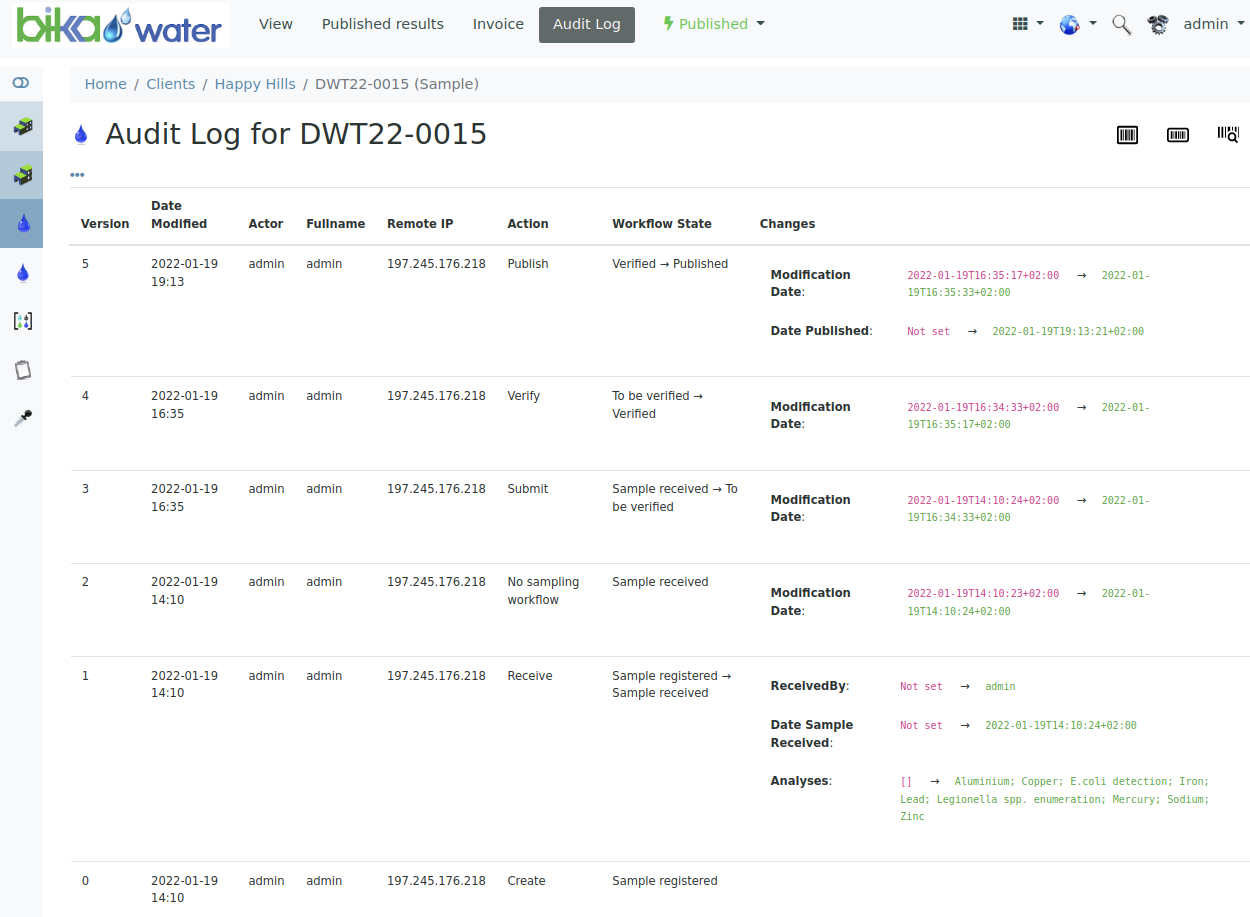 Bika Open Source LIMS Sample audit trail