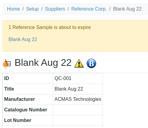  Alert on Reference Sample view in Bika Open Source LIMS