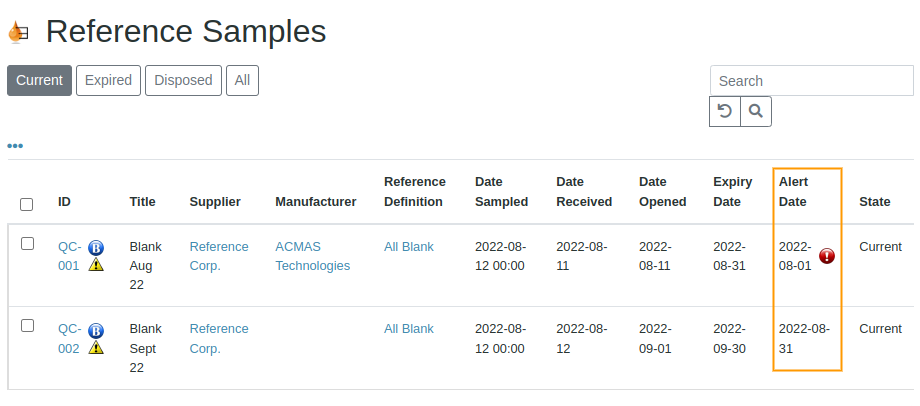  Reference Sample  Expiry Alert on Sample List in Bika Open Source LIMS