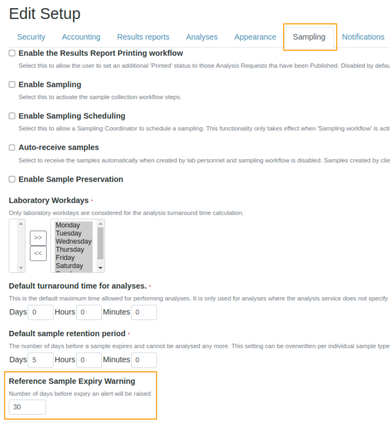 Set default Reference Sample expiry period in Bika Open Source LIMS