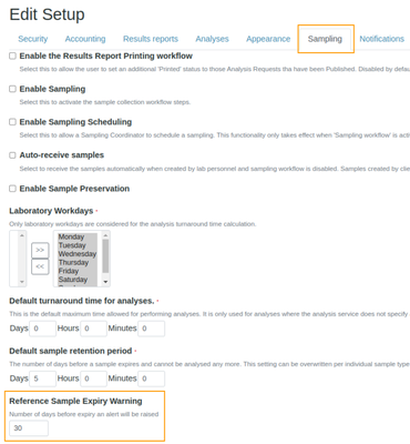 Set default Reference Sample expiry period in Bika Open Source LIMS