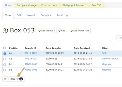 Retrieve Samples from storage on 2D sample box view in Bika Open Source LIMS