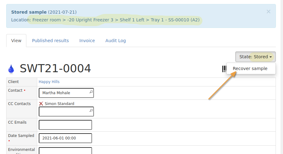 Retrieve Samples from storage on it's view in Bika Open Source LIMS