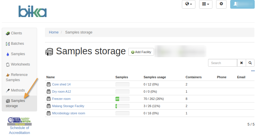 Storage facilities in Bika Open Source LIMS