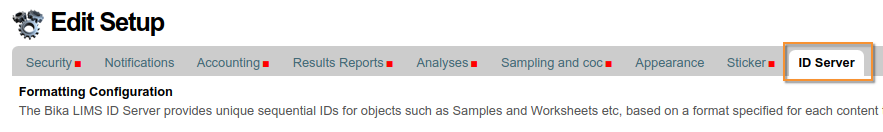 ID Server tab in Bika / Senaite Open Source LIMS setup